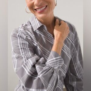 Chico’s Sz 10 Gray Plaid Poplin Long Billow Sleeves Button Down Shirt